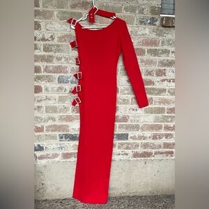 Chic Red Long Sleeve Dress with Buckle Accents